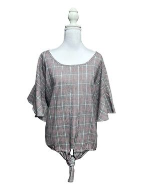 Kontrol  Women's Grey Plaid Tie-Hem Top 2X